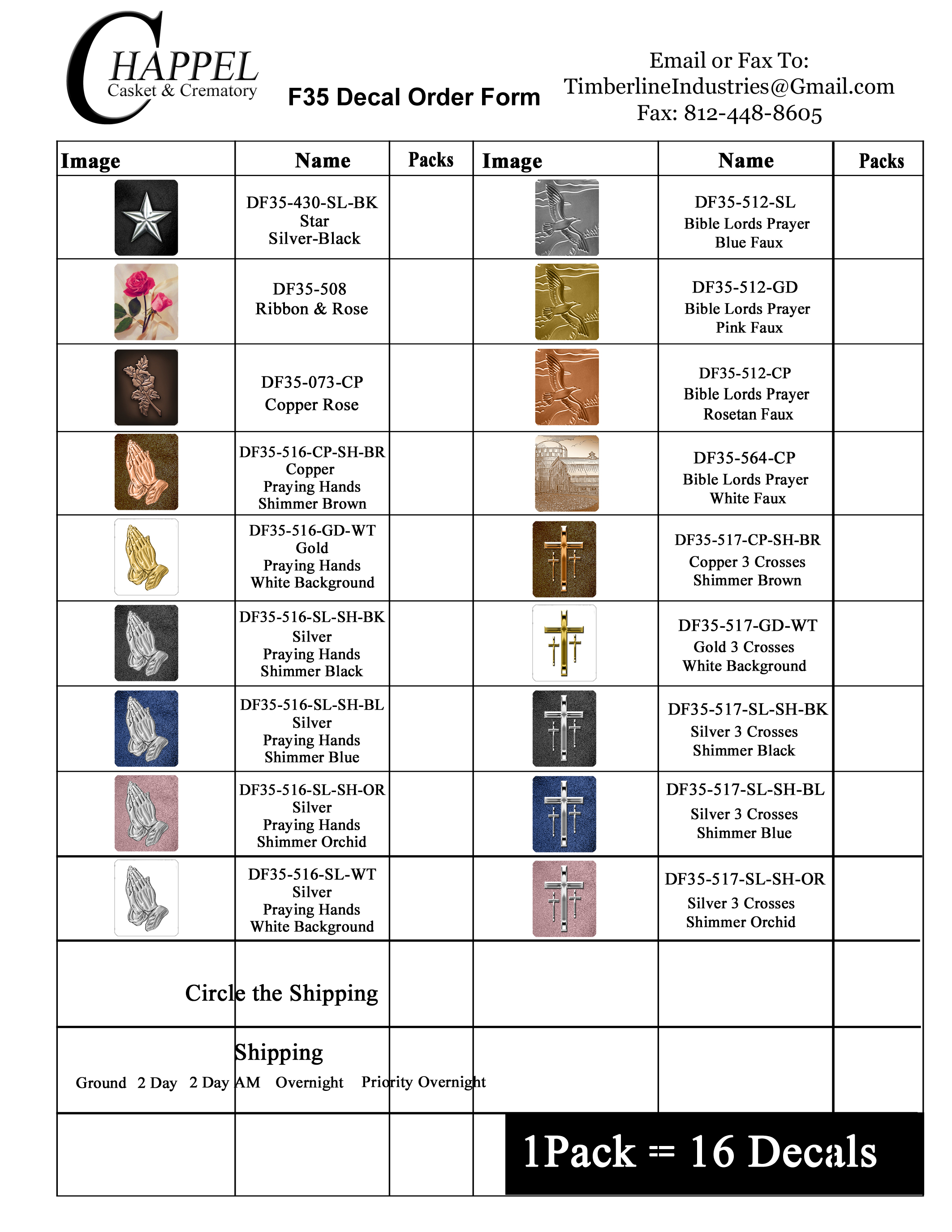 Chappel F35 Decal Order Form